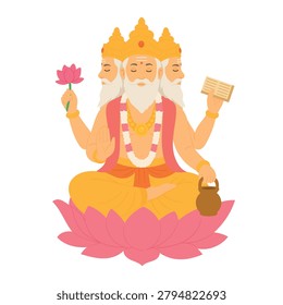 Minimalist flat vector of Lord Brahma seated on a lotus flower, featuring three faces, a golden crown, sacred book, lotus and water vessel in traditional Hindu iconography.