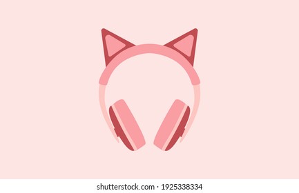 Minimalist, flat vector of over-ear headphones or earmuffs in shades of pastel pink. The headset has cute cat or fox ears on top. The image is isolated against a soft pink background.