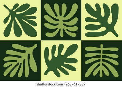 Minimalist flat vector pattern with abstract green leaves in geometric square grid. Modern mid-century style wall art for interior decor, eco branding, or botanical print.
