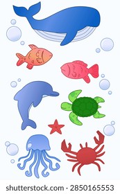Minimalist flat vector set of common sea animals. Clean, simple shapes with bold outlines and solid flat colors.