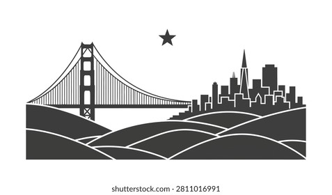 A minimalist flat vector silhouette illustration featuring the Golden Gate Bridge and the San Francisco city skyline over rolling hills with a single star.