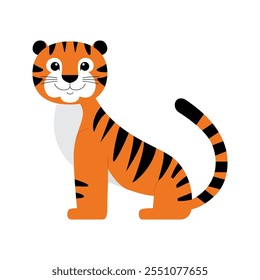 Minimalist Flat Vector Tiger Illustration on White Background, Simple Stylized Design, Bold Orange and Black Colors, Clean Aesthetic