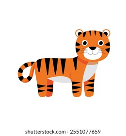 Minimalist Flat Vector Tiger Illustration on White Background, Simple Stylized Design, Bold Orange and Black Colors, Clean Aesthetic