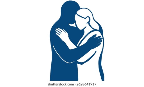 Minimalist flat vector of two figures embracing in a supportive hug, symbolizing comfort, empathy, partnership, unity, and connection. Ideal for wellness, counseling, relationships, trust, and care.