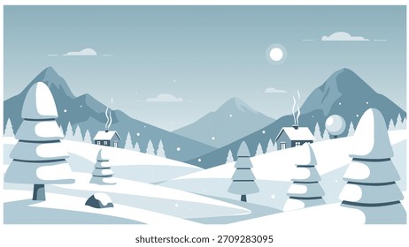 Minimalist Flat Winter Landscape with Cabin Pine Tree and Mountain Scenery