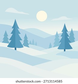 Minimalistische flache Winterlandschaft mit Pinienbaum- und Sonnendarstellung