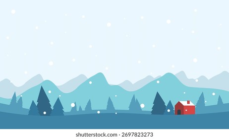 Minimalistisch flache Winterlandschaft, Vektorhintergrund mit blauen Bergen, verschneiten Kiefern und einem kleinen roten Häuschen. Saisonale Illustration, ideal für Weihnachtskarten, Feiertage und Webbanner