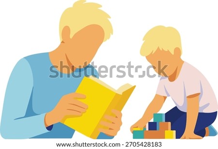 A minimalist, flat-design illustration in a soft, muted color palette. It depicts an adult and a child in the same cozy room, engaged in their own separate, quiet activities.