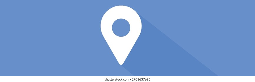 Un símbolo minimalista de diseño plano de marcador de mapa centrado en un fondo azul brillante. El pin de caída de ubicación blanco presenta un moderno efecto de sombra larga, lo que lo hace ideal para su uso en App de navegación GPS.