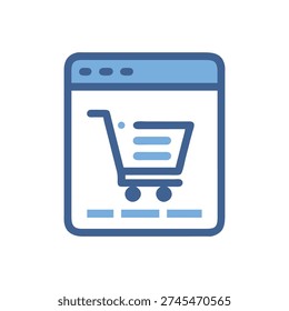 A minimalist flat-style icon featuring a shopping cart within a browser window. The illustration uses blue and white for a clean look.