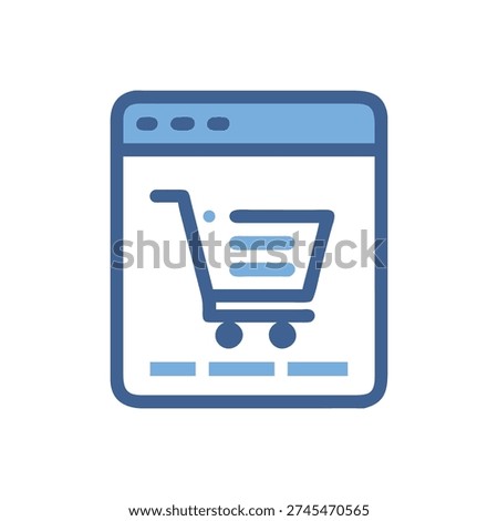 A minimalist flat-style icon featuring a shopping cart within a browser window. The illustration uses blue and white for a clean look.