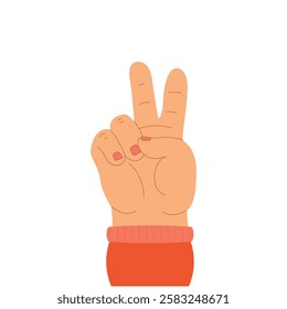 Minimalist flat-style illustration of a hand showing the peace sign with red nail polish. A trendy and positive image, perfect for inspirational content, branding, posters, and lifestyle themes.