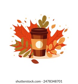 A minimalist flat-style illustration of a to-go coffee cup on a white background and autumn leaves.