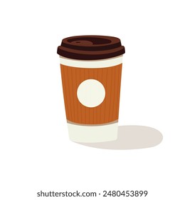 Una ilustración minimalista de estilo plano de una taza de café para llevar sobre un fondo blanco. La taza cuenta con un diseño simple con una tapa y una manga marrón, enfatizando una estética limpia y moderna.