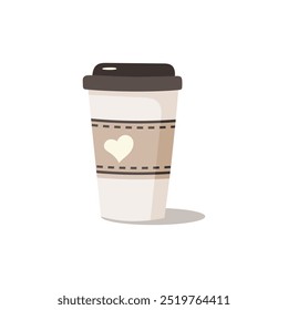 Uma ilustração minimalista em estilo plano de uma xícara de café em um fundo branco. O copo apresenta um design simples com uma tampa e uma manga marrom, enfatizando uma estética limpa e moderna.