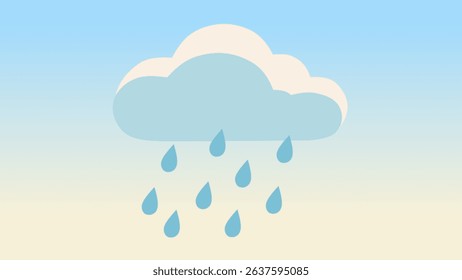 Minimalist flat-style rainy weather scene with light blue clouds and falling raindrops over a soft pastel sky. Calm, clean, and perfect for weather theme background.
