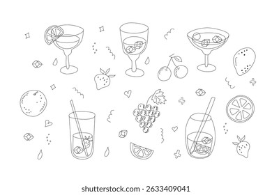 Ilustrações minimalistas de coquetéis de verão em estilo plano: Margarita, Mojito, Piña Colada. Cores vibrantes, linhas limpas e vibrações refrescantes. Perfeito para menus, mídias sociais, aplicativos ou decoração sazonal. 