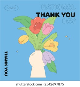 Minimalist flat-style vector illustration of a vase with colorful flowers for National Thank You Day. Perfect for cards, posters, and social media to share appreciation and positivity.