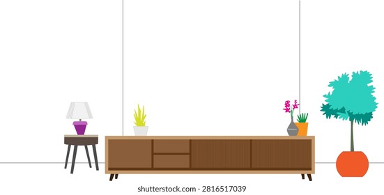 Minimalist flat-style vector living room illustration. Feat wooden TV console, side table with lamp, and variety of stylized plants in colorful pots against a clean white wall