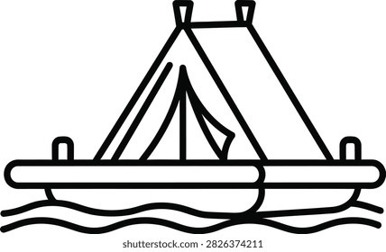 Minimalist Floating Raft Camping Tent Icon Featuring Small Shelter on Buoyant Platform With Water Lines Outline
