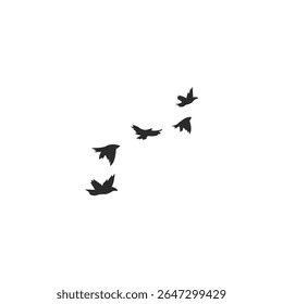 Rebanho minimalista em voo sobre fundo branco, pacífico e livre."