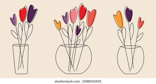 Minimalist Floral Art Featuring Colorful Tulips in Glass Vases. Simple and elegant design showcasing stylized tulip flowers in vases, depicted with vibrant colors and minimalist lines