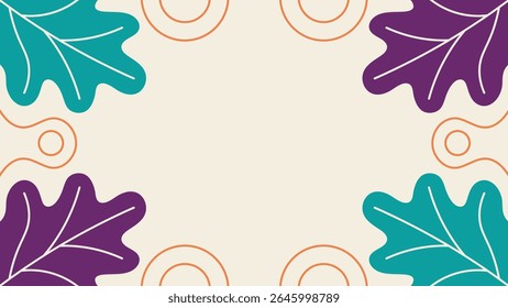 Minimalist floral background design featuring colorful leaves and decorative orange circular accents.