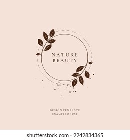 Minimalist floral black silhouette leaves logo template. Botanic hand drawn branch, twig monogram design. Wedding elegant botanical logo greenery vector illustration