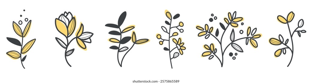 Minimalist floral designs in yellow and gray. Simple flowers, leaves, and stems. Modern floral art with yellow accents. Elegant and minimalist floral patterns. Floral line art vector set.