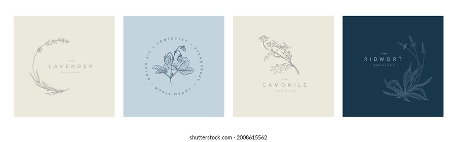 Minimalist floral emblem sign frames template collection made from simple flowers and leafs for wedding invitations product print or emblem sign