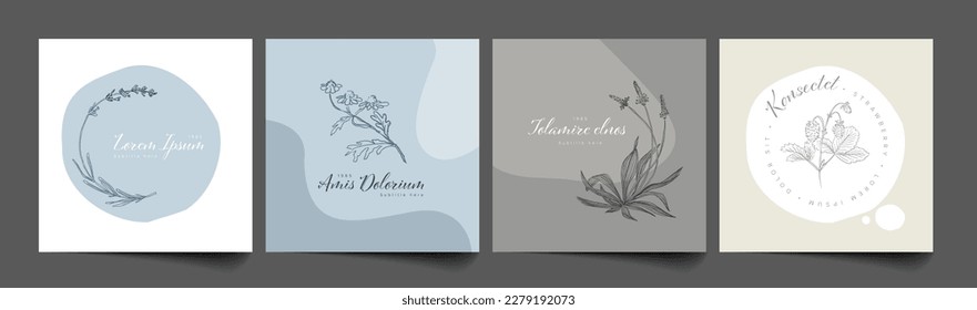 Minimalist floral emblem sign frames template collection made from simple flowers and leafs for wedding invitations product print or emblem sign with circular spots