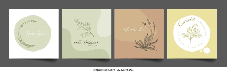 Minimalist floral emblem sign frames template collection made from simple flowers and leafs for wedding invitations product print or emblem sign with circular spots green brown version