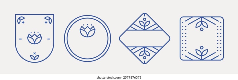 Minimalist floral emblems in blue line art. Four geometric shapes: shield, circle, diamond, and square. Simple floral designs in each emblem. Element with copy space, vector set.