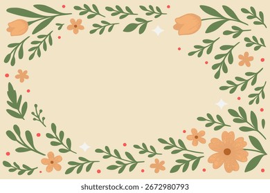 Minimalist floral frame background with soft pastel colors, featuring hand-drawn flowers, green leaves, and decorative branches. Perfect for invitations, greeting cards, posters, banners, social media