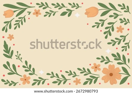 Minimalist floral frame background with soft pastel colors, featuring hand-drawn flowers, green leaves, and decorative branches. Perfect for invitations, greeting cards, posters, banners, social media