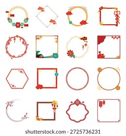 Colección de marco floral minimalista. Bordes geométricos de Vector con flores rojas para la decoración de texto del año Nuevo chino