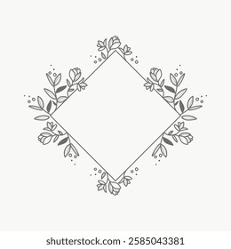 Minimalist floral frame with a diamond shape. Elegant floral design, featuring delicate flowers and leaves. Perfect for invitations or decorative borders. Doodle illustration vector.
