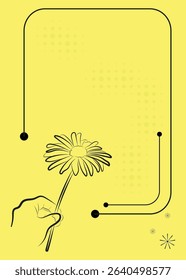 Minimalist Floral Frame Invitation or Greeting Card Template with Hand Holding Flower on Yellow Background	