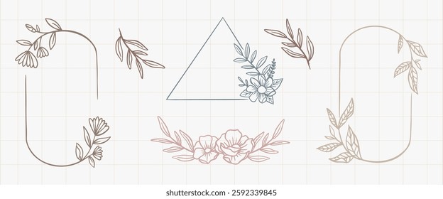 Minimalist floral frames and geometric shapes. Delicate floral designs with leaves and flowers. Elegant frames with flowers and geometric elements. Frame illustrations, isolated vector set.