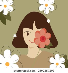 Minimalist Floral Girl Illustration with Soft Earthy Colors, Elegant Design, Modern Aesthetic, and Playful Artistic Elements