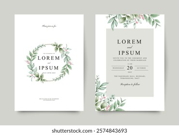 Minimalist floral green leaves wedding invitation template