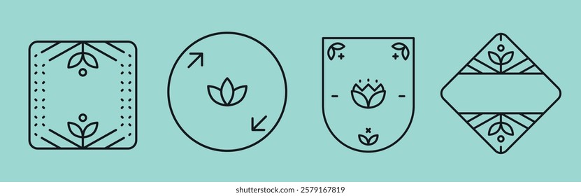 Minimalist floral icons in geometric shapes. Simple floral designs in circles, squares, and diamonds. Elegant floral motifs in black lines on a teal background. Element with copy space, vector set.