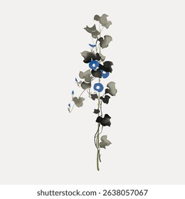 Minimalist floral illustration with blue flowers and green leaves. Delicate flowers and leaves create a simple, elegant floral design on a light background. Vintage art illustration vector.