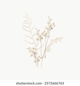 Minimalist floral illustration with delicate flowers and leaves. Elegant floral design with soft lines. Simple floral art with a minimalist touch. Aesthetic vector illustration isolated on white.