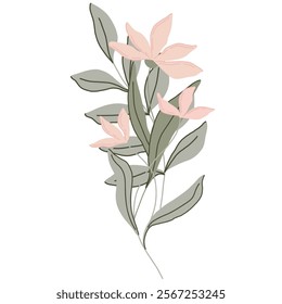 Minimalist floral illustration featuring soft pink flowers with long petals and light green leaves. Elegant and modern design suitable for wall art, stationery, branding, or digital creations