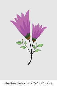 Minimalist floral illustration featuring two blooming purple flowers with green leaves on a light background. 

