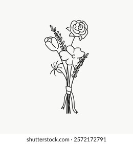 Minimalist floral illustration with roses and leaves. Simple black line art of flowers tied together. Elegant and delicate floral design. Simple black line art doodle vector.