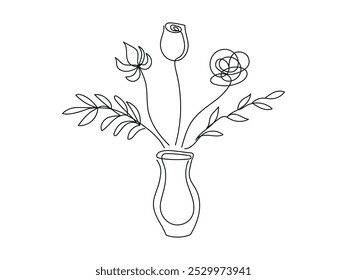 Minimalist Floral Illustration with Tulip and Rose in Vase. Bouquet of flowers isolated on white backdrop. Continuous one line drawing. Hand drawn Botanical Line Art. Home Decor Element