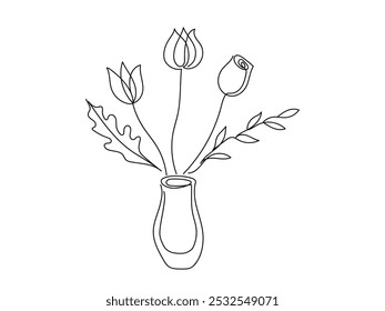 Minimalist Floral Illustration with Tulip and Rose in Vase. Bouquet of flowers isolated on white background. Continuous one line drawing. Hand drawn Botanical Line Art. Home Decor Element