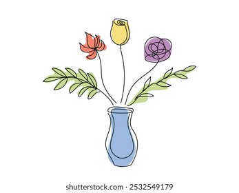 Minimalist Floral Illustration with Tulip and Rose in Vase. Bouquet of flowers isolated on white background. Continuous one line drawing. Colored Line Art. Home Decor Element, Botanical
